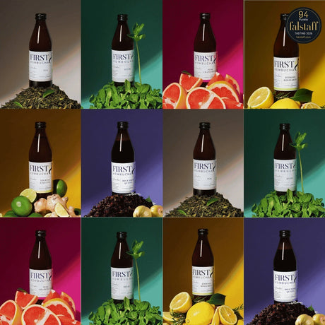 FIRST8 Raw Kombucha: 12 Flaschen der 6 Stammsorten, Zitrone Rosmarin mit 94 Falstaff-Punkten