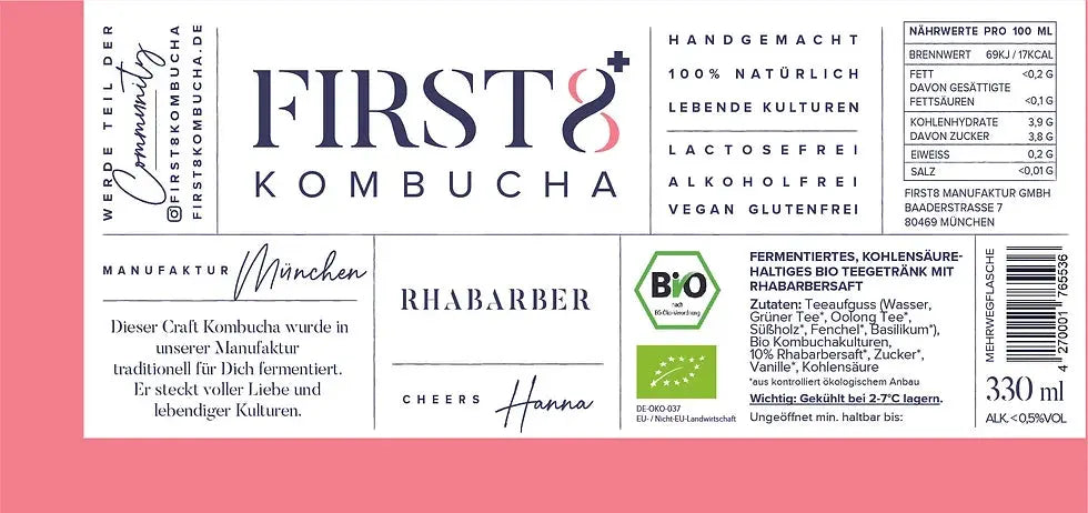 FIRST8 Raw Kombucha | RHABARBER | Bio | 6 x 330ml FIRST8 Manufaktur GmbH