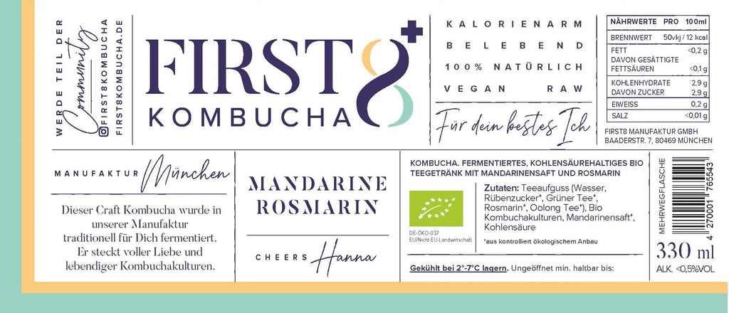 Saisonal | FIRST8 Raw Kombucha | MANDARINE ROSMARIN | Bio |  6 x 330ml FIRST8 Manufaktur GmbH