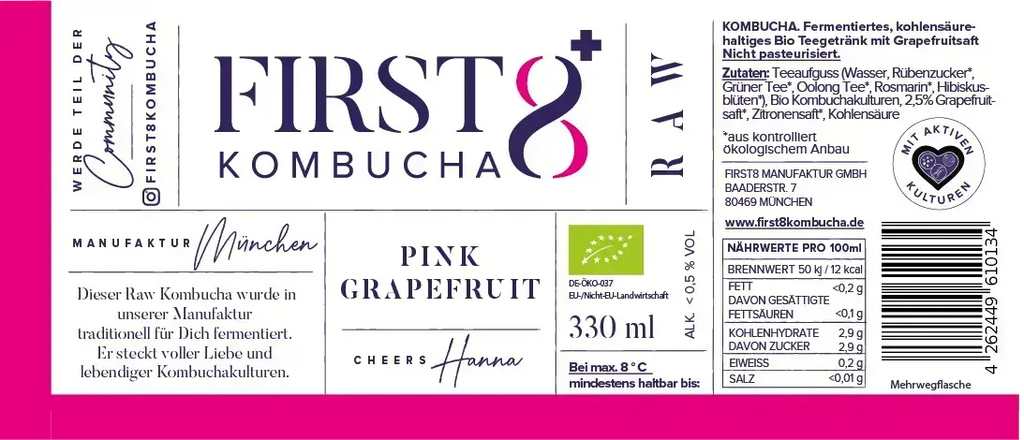 Etikett Raw Kombucha Pink Grapefruit