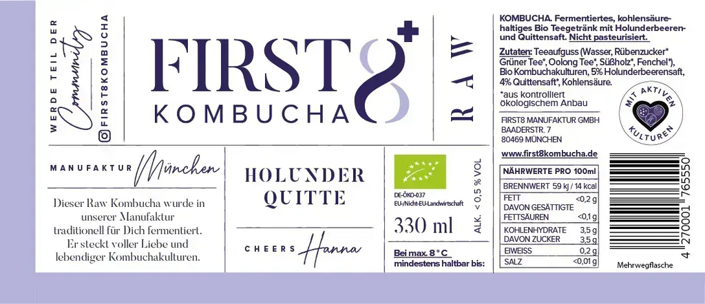 Etikett Raw Kombucha Holunder Quitte
