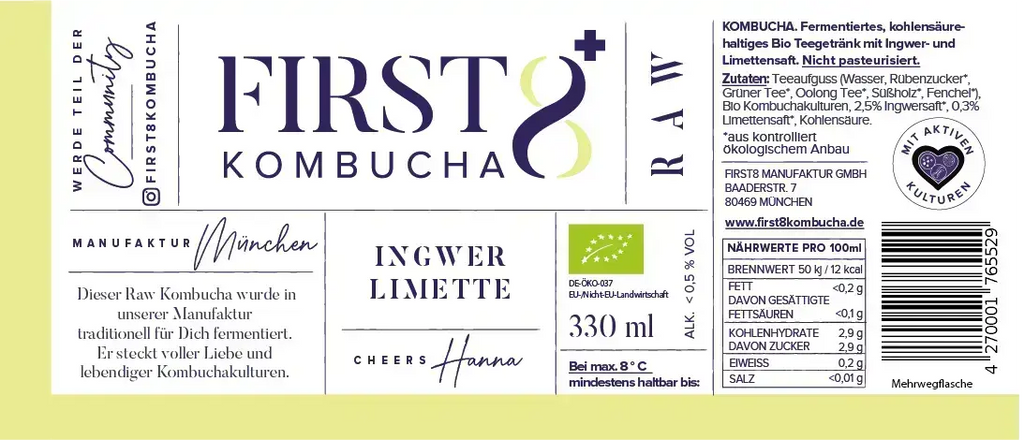 Etikett Raw Kombucha Ingwer Limette