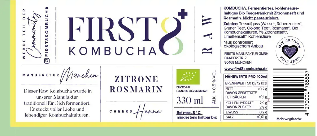 Etikett Raw Kombucha Zitrone Rosmarin